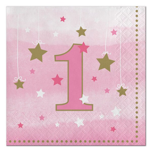 Twinkle Little Star Pink 1st Birthday Beverage Napkins, 5 inch fold, set of 16