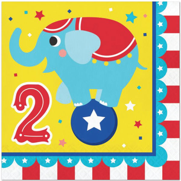 Big Top Circus 2nd Birthday Lunch Napkins, 6.5 inch fold, set of 16