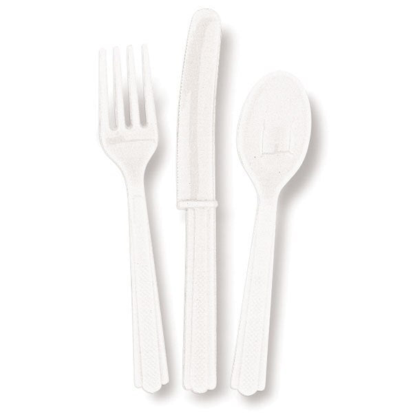 Bright White Cutlery for 6 Settings, Reusable Plastic, 6 inch, set of 18