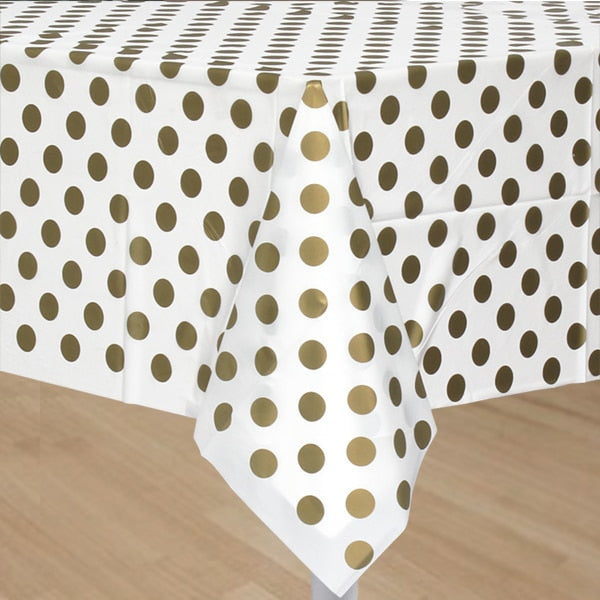 White with Gold Dot Plastic Table Cover, 54 x 108 inch, each
