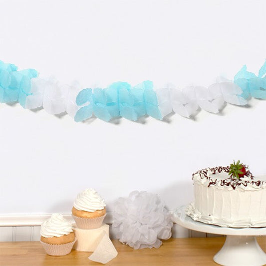 Tissue Garland, Leaf Style, Baby Blue and White, 4.5 inch x 12 feet, each