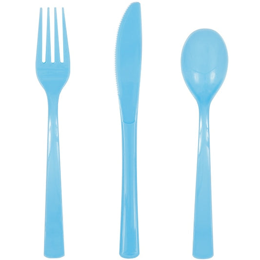Powder Blue Cutlery for 6 Settings, Reusable Plastic, 6 inch, set of 18