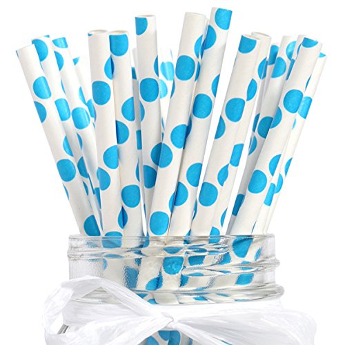 Straws, Eco-Friendly Bulk Aqua Blue Polka Dot Paper Straws, 7.75 inch, set of 144