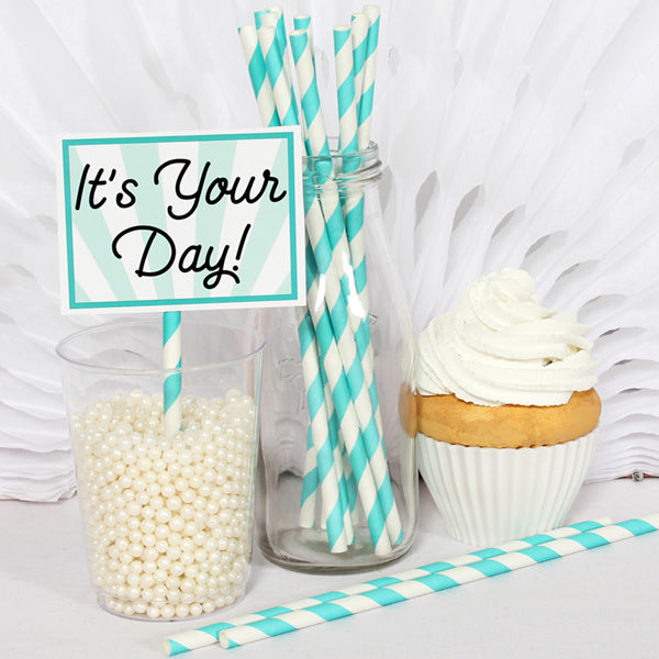 Straws, Teal Striped eco-friendly Paper, 7.75 inch, set of 24