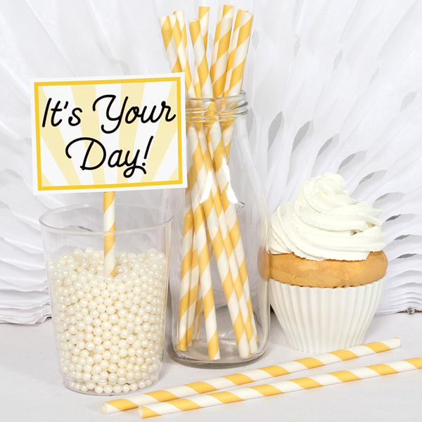 Straws, Yellow Striped eco-friendly Paper, 7.75 inch, set of 24