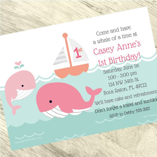 Birthday Direct's Little Whale 1st Birthday Pink Custom Invitations