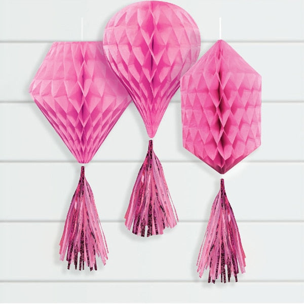 Pink Tissue Decorations with Tassels, 12 inch, 3 count