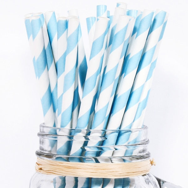 Straws, Baby Blue Striped eco-friendly Paper, 7.75 inch, set of 24