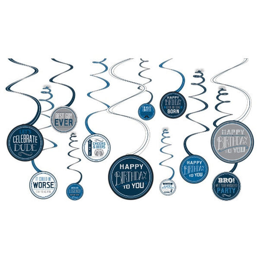 Happy Birthday Man Dangling Spiral Decorations, 5 inch cut-out, set of 12