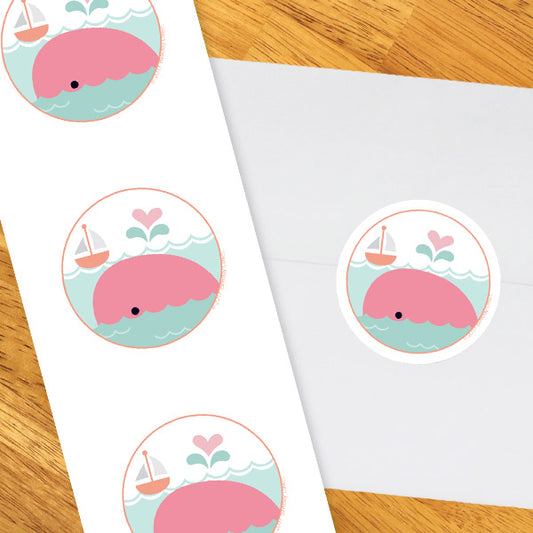 Birthday Direct's Little Whale Baby Shower Pink Circle Stickers