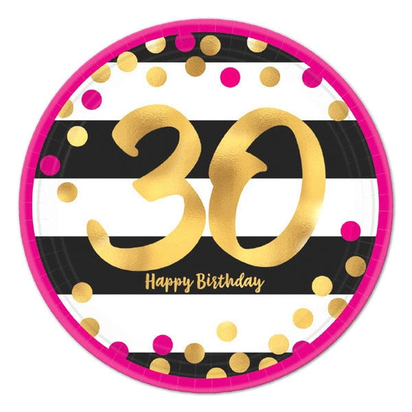 Pink and Gold 30th Metallic Dessert Plates, 7 inch, 8 count