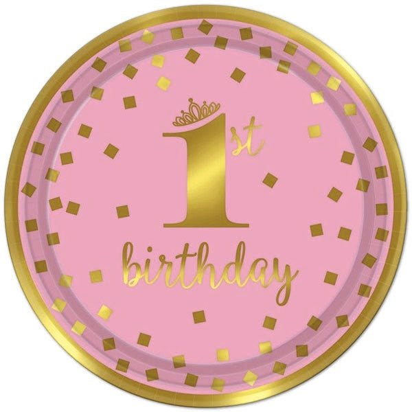 Gold Princess 1st Birthday Dinner Plates, 9 inch, 8 count