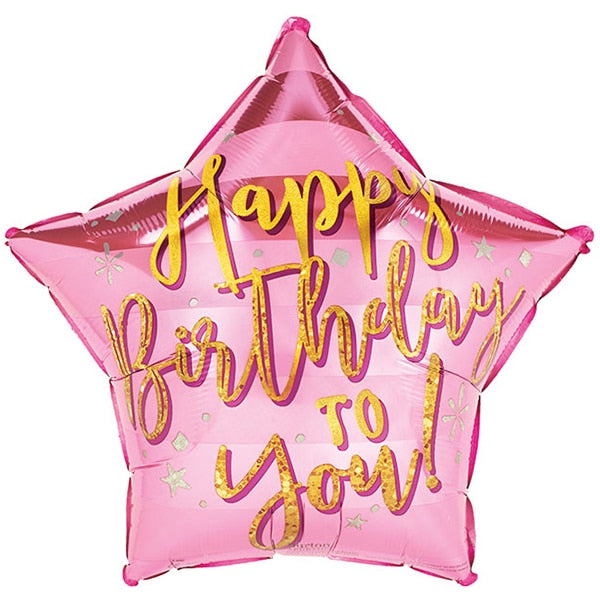 Pink and Gold Star Happy Birthday Foil Balloon, 18 inch, each