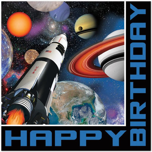 Space Solar System and Rocket Happy Birthday Lunch Napkins, 6.5 inch fold, set of 16