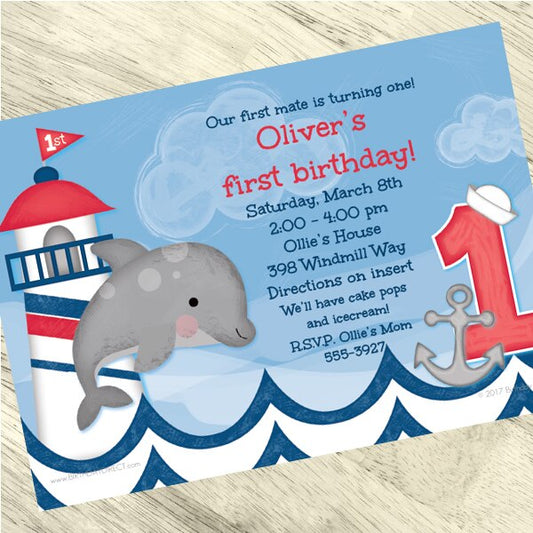 Birthday Direct's Nautical Dolphin 1st Birthday Custom Invitations