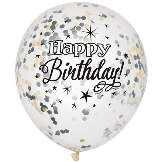 Clear Birthday Balloons with Gold and Silver Confetti, 12 inch, 6 count