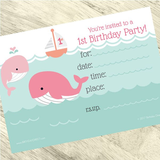 Birthday Direct's Little Whale 1st Birthday Pink Invitations