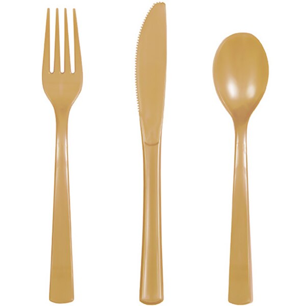 Gold Solid Party Cutlery for 6 Settings, Reusable Plastic, 7 inch, set of 18