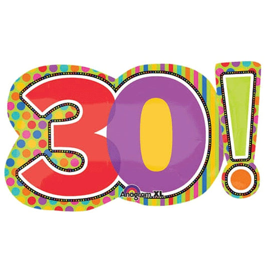 30th Birthday Dots and Stripes SuperShape Foil Balloon, 29 x 18 inch, each