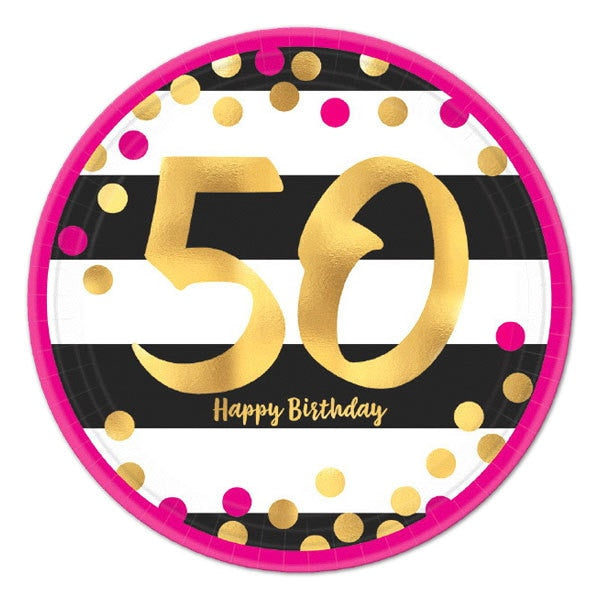 Pink and Gold 50th Metallic Dessert Plates, 7 inch, 8 count
