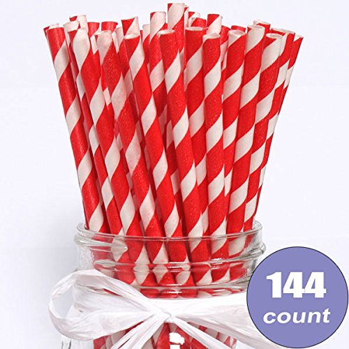 Straws, Eco-Friendly Bulk Red Stripe Paper Straws, 7.75 inch, set of 144