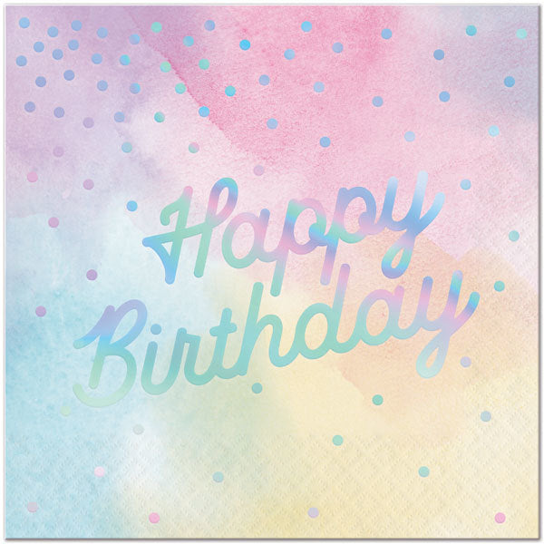 Watercolor Iridescent Happy Birthday Lunch Napkins, 6.5 inch fold, set of 16