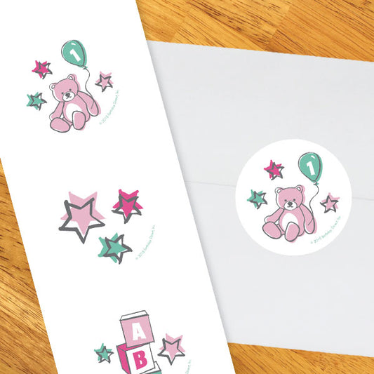 Birthday Direct's Doodle 1st Birthday Pink Circle Stickers