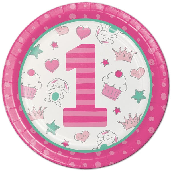 Doodle 1st Birthday Pink Dinner Plates, 9 inch, 8 count