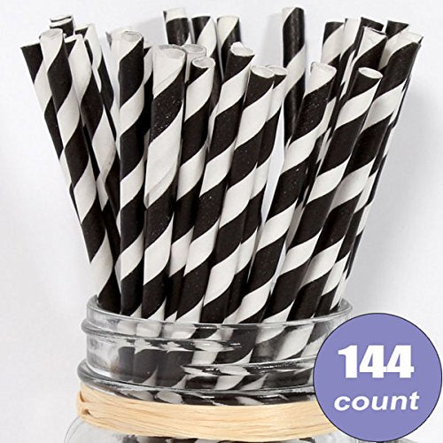 Straws, Eco-Friendly Bulk Black Stripe Paper Straws, 7.75 inch, set of 144