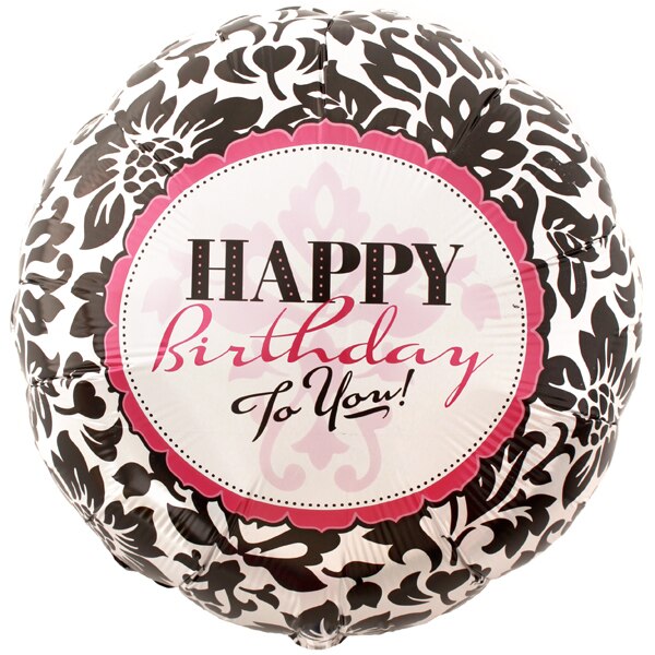 Damask Black and White Happy Birthday Foil Balloon, 18 inch, each