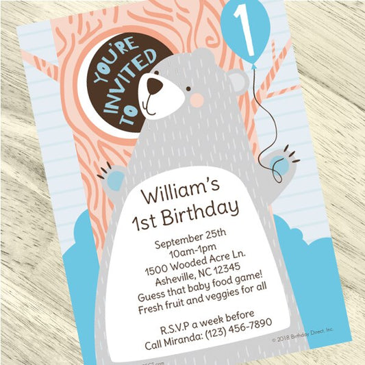 Birthday Direct's Bear 1st Birthday Custom Invitations