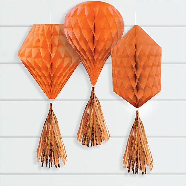 Orange Tissue Decorations with Tassels, 12 inch, 3 count