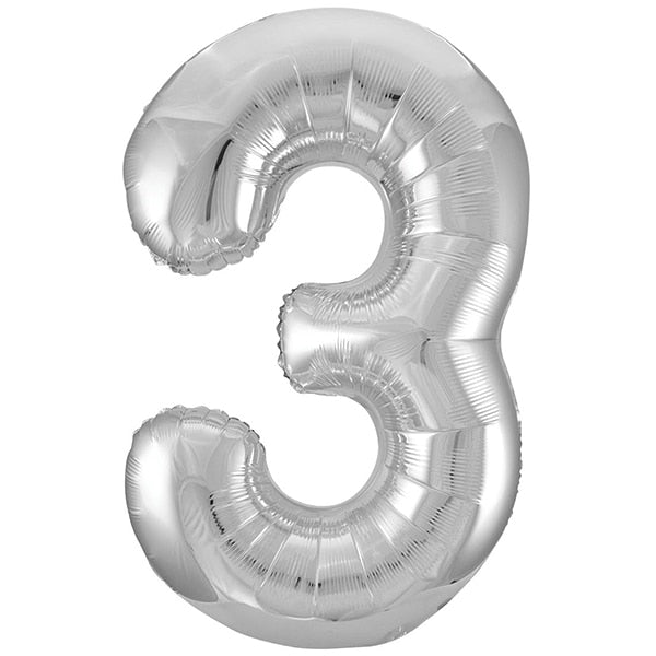 Silver Number 3 Foil Balloon, 34 inch, each
