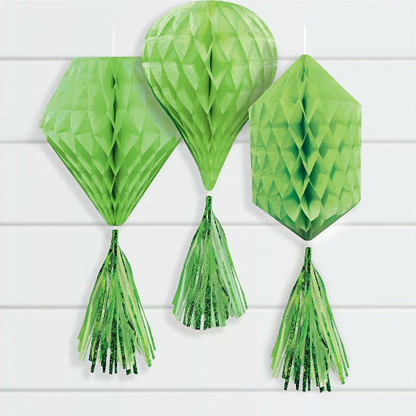 Lime Green Tissue Decorations with Tassels, 12 inch, 3 count