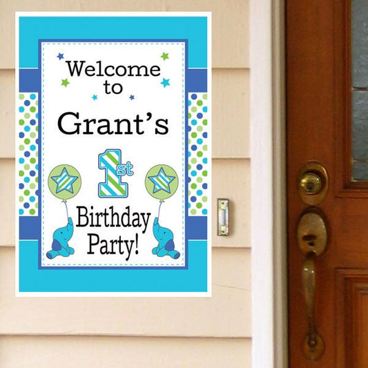 Birthday Direct's Elephant Dots 1st Birthday Blue Custom Door Greeter