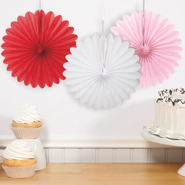 White, Pink and Red Tissue Fans, 6 inch, 3 count
