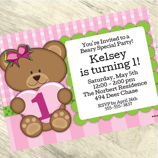 Birthday Direct's Bear 1st Birthday Pink Custom Invitations