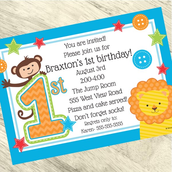 Birthday Direct's Zoo 1st Birthday Blue Custom Invitations