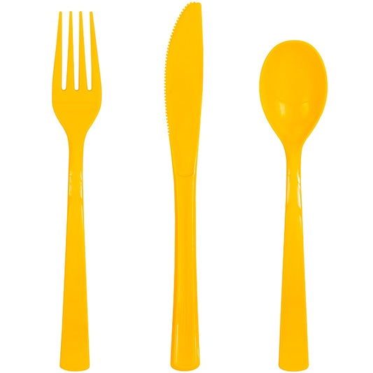 Sunflower Yellow Cutlery for 6 Settings, Reusable Plastic, 7 inch, set of 18