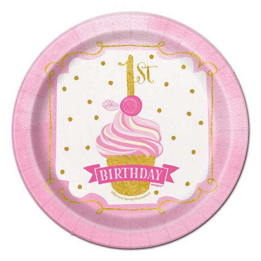 Pink and Gold 1st Birthday Dessert Plates, 7 inch, 8 count