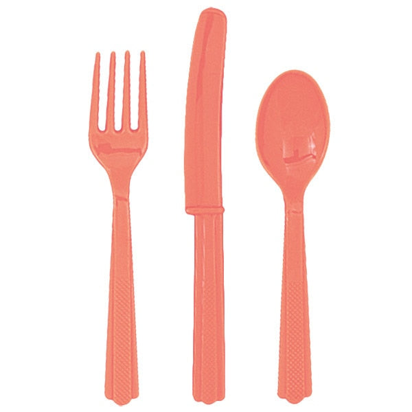 Coral Cutlery Reusable Plastic, 6 settings, set of 18