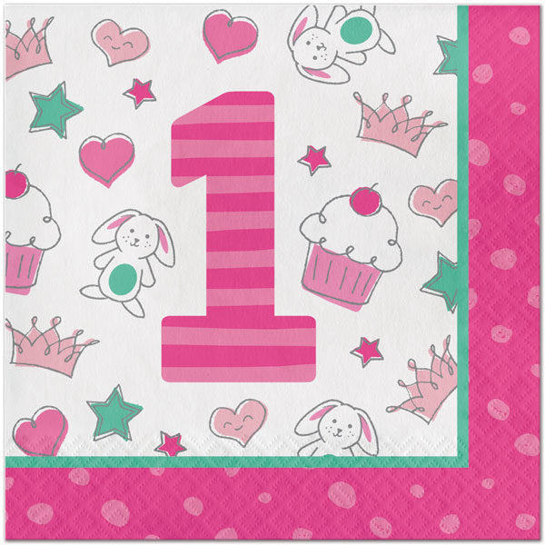 Doodle 1st Birthday Pink Lunch Napkins, 6.5 inch fold, set of 16