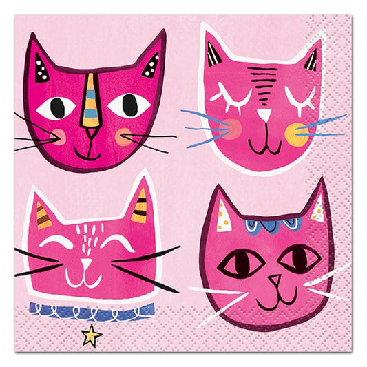 Pink Cat Beverage Napkins, 5 inch fold, set of 16