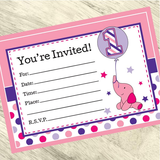 Birthday Direct's Elephant Dots 1st Birthday Pink Invitations