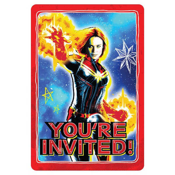 Captain Marvel Invitations, Fill In with Envelopes, 6.25 x 4.25 in, 8 ct