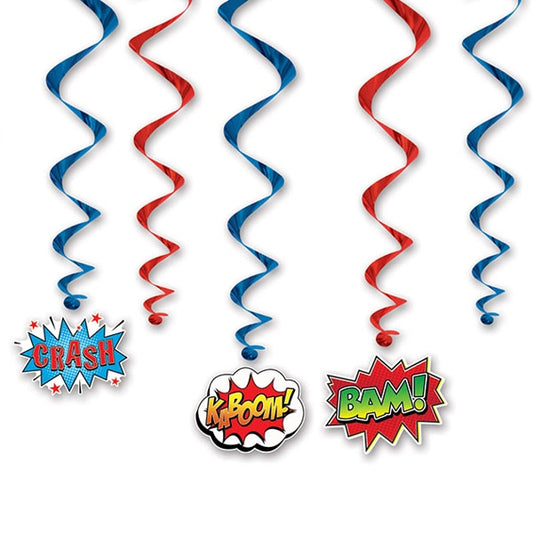 Comic Super Hero Party Dangling Swirl Decorations, 31 inch, set of 12