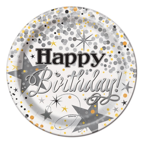 Gold and Silver Celebration Birthday Dessert Plates, 7 inch, 8 count