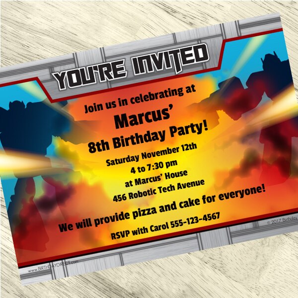 Birthday Direct's Convertabots Party Custom Invitations