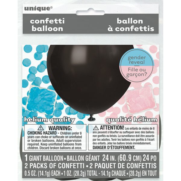 Gender Reveal Giant Black Latex Balloon with Blue and Pink Confetti, 24 inch, each