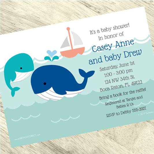 Birthday Direct's Little Whale Baby Shower Blue Custom Invitations